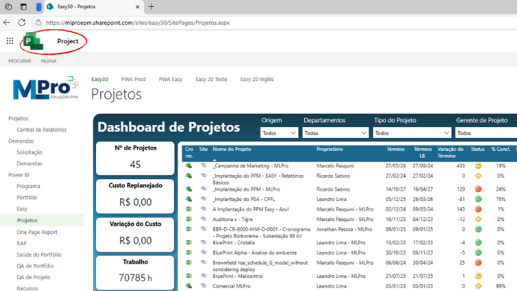 Dashboard no Project Online